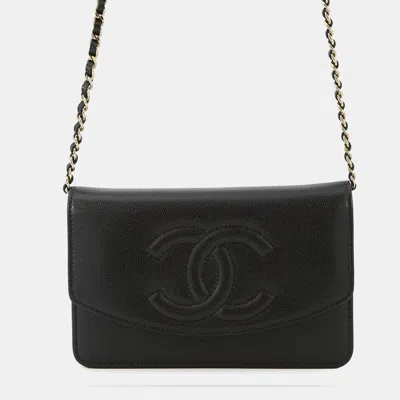 Pre-owned Chanel Chain Wallet With Coco Mark And Caviar Skin Black