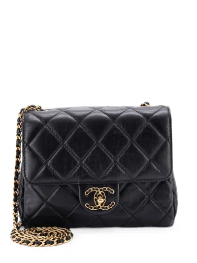 Pre-owned Chanel Chain Woven Cc Square Accordion Flap Bag Quilted Lambskin Mini Shoulder Bag In Black