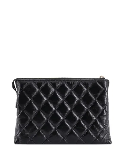 Pre-owned Chanel Chain Wristlet Shiny Crumpled Calfskin Clutch Bag In Black