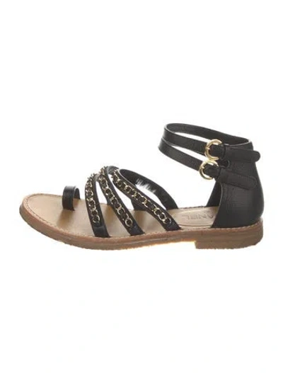 Pre-owned Chanel Chain-link Accent Leather Gladiator Sandals In Black