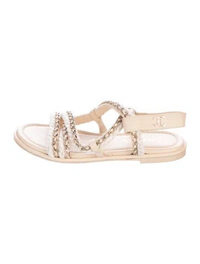 Pre-owned Chanel Chain-link Accent Leather Gladiator Sandals In Neutrals