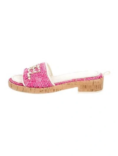 Pre-owned Chanel Chain-link Accent Tweed Espadrilles In Pink