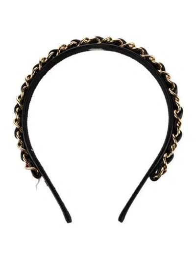 Pre-owned Chanel Chain-link Leather Headband In Black/gold