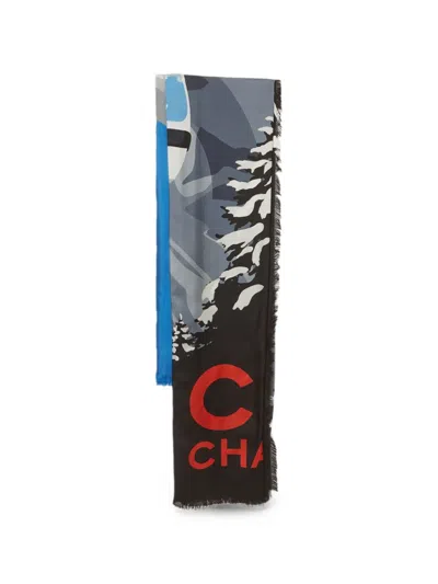 Pre-owned Chanel Chalet Gardenia Silk Scarf In Blue