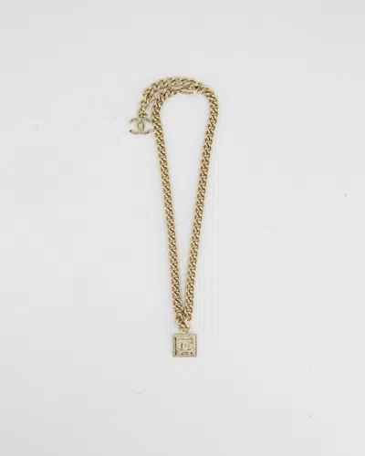 Pre-owned Chanel Champagne Gold Crystal Cc Logo Pendant Choker