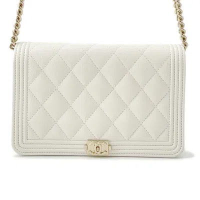 Pre-owned Chanel Champagne Gold White Grained Calfskin Chain/shoulder Wallet ()