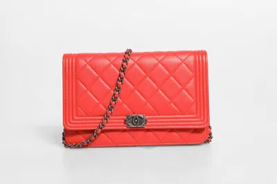 Pre-owned Chanel Boy Wallet On Chain Red Women's Lambskin () In Orange