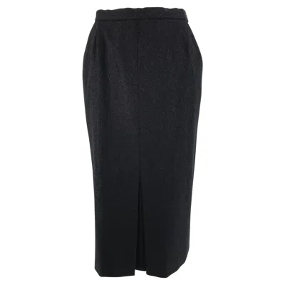 Pre-owned Chanel Charcoal Wool Kick Pleat Front Pocket Pencil Skirt Vintage In Black