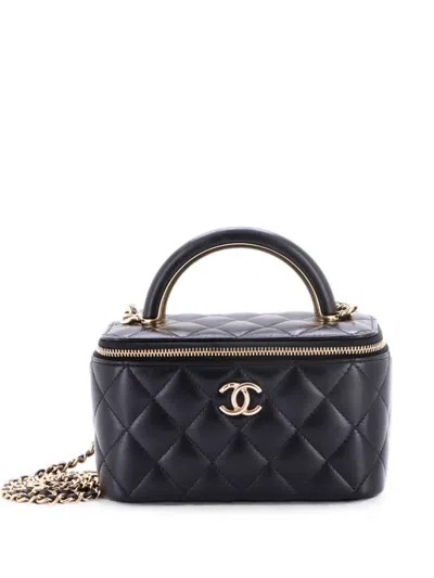 Pre-owned Chanel Charming Handle Vanity Case With Chain Quilted Lambskin Small Satchel In Black