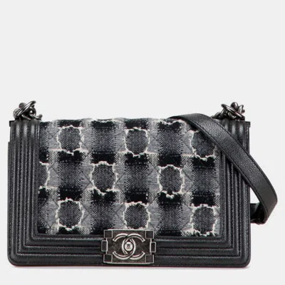 Pre-owned Chanel Check Boy 25 Coco Mark Chain Shoulder Bag In Black Gray Wool And Caviar Skin