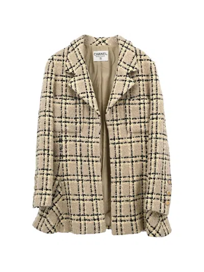 Pre-owned Chanel Check Tweed Single-breasted Coat In Neutrals