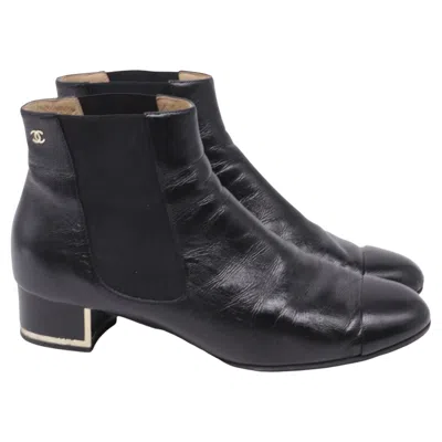 Pre-owned Chanel Chelsea Boots With Metallic Heel Trim In Black Leather