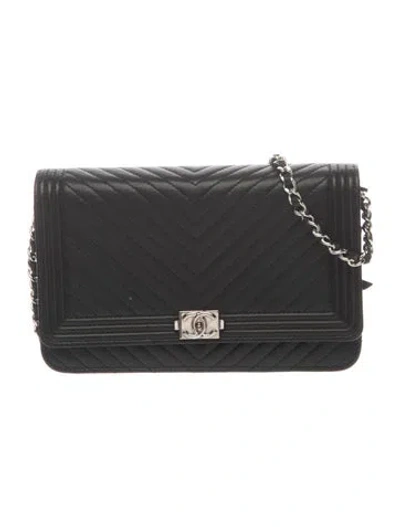 Pre-owned Chanel Chevron Boy Wallet On Chain In Black