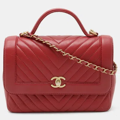 Pre-owned Chanel Chevron Calfskin Small Top Handle Flap Bag In Red