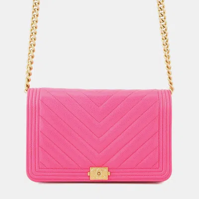 Pre-owned Chanel Chevron Chain Wallet Pink Caviar Leather