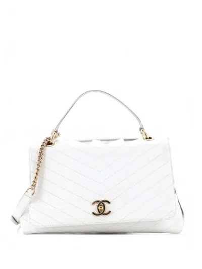 Pre-owned Chanel Chevron Chic Top Handle Bag Chevron Calfskin Medium Satchel In White