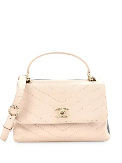 Pre-owned Chanel Chevron Chic Top Handle Bag Chevron Calfskin Small Satchel In Neutral