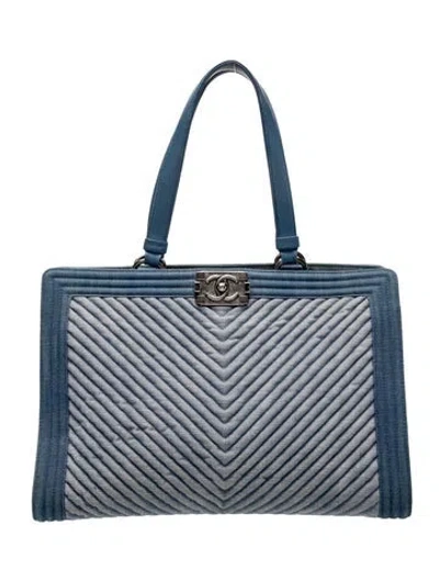 Pre-owned Chanel Chevron Denim Boy Shopping Tote In Blue