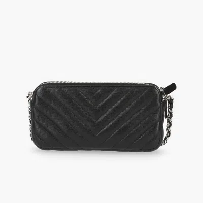 Pre-owned Chanel Chevron Double Zip Wallet On Chain In Black