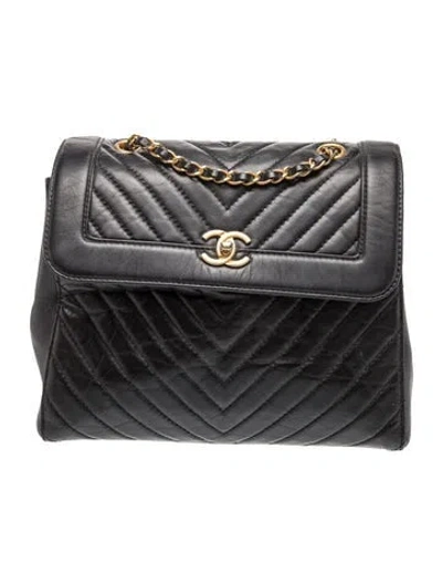 Pre-owned Chanel Chevron Flap Backpack In Black