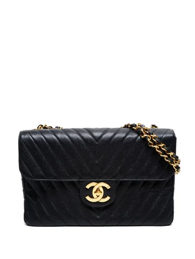 Pre-owned Chanel Chevron Flap Chain Shoulderbag In Black