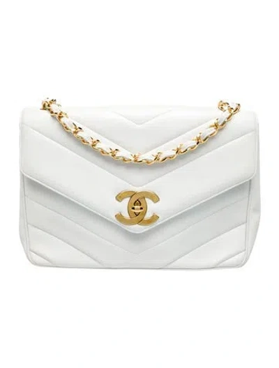 Pre-owned Chanel Chevron Jumbo Xl Maxi Flap Bag In White