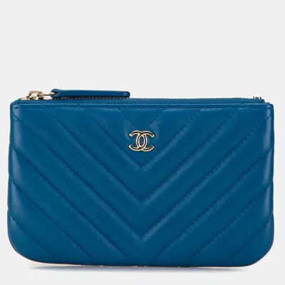 Pre-owned Chanel Chevron Lambskin O Case Pouch In Blue