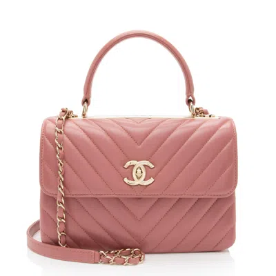 Pre-owned Chanel Chevron Lambskin Trendy Cc Small Top Handle In Pink