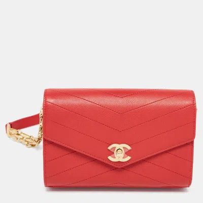 Pre-owned Chanel Chevron Leather Coco Waist Belt Bag In Red