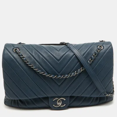 Pre-owned Chanel Chevron Leather Xxl Travel Flap Bag In Blue