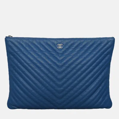 Pre-owned Chanel Chevron O Case Pouch In Blue