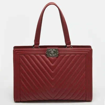 Pre-owned Chanel Chevron Quilted Leather Large Boy Shopper Tote In Red