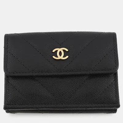Pre-owned Chanel Chevron Small Flap Compact Wallet Black Caviar Leather
