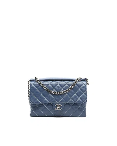 Pre-owned Chanel Chevron Stitch Single Flap Bag In Blue