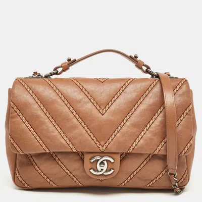 Pre-owned Chanel Chevron Stitched Leather Classic Top Handle Bag In Brown