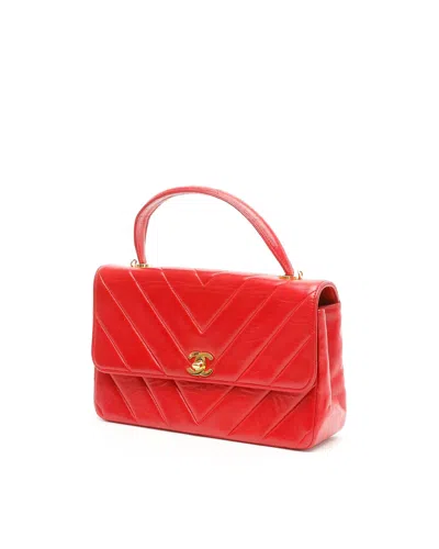 Pre-owned Chanel Chevron Top Handle Bag In Red