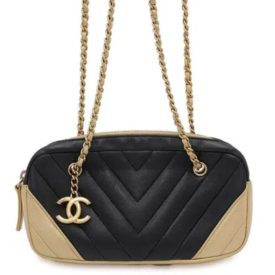 Pre-owned Chanel Chevron (v Stitch) Black Gold Leather Shoulder Bag ()
