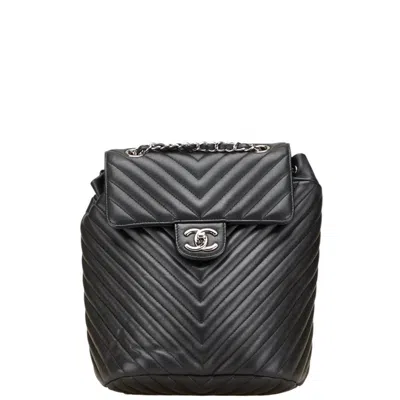 Pre-owned Chanel Chevron (v Stitch) Black Leather Backpack ()