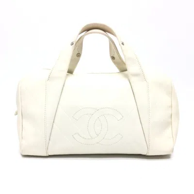Pre-owned Chanel Chevron (v Stitch) Leather Boston Bag Handbag () In White