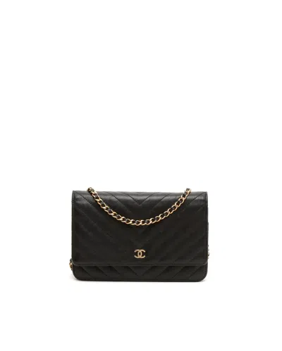 Pre-owned Chanel Chevron Wallet On Chain Bag In Black