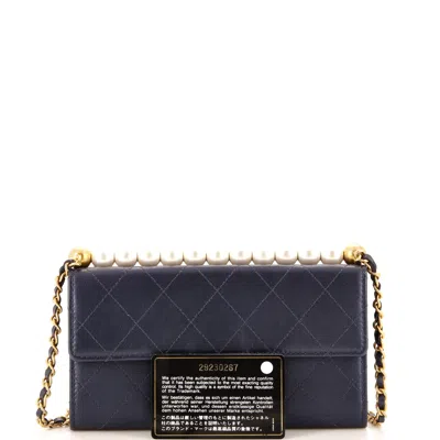 Pre-owned Chanel Chic Pearls Clutch With Chain Quilted Goatskin In Blue