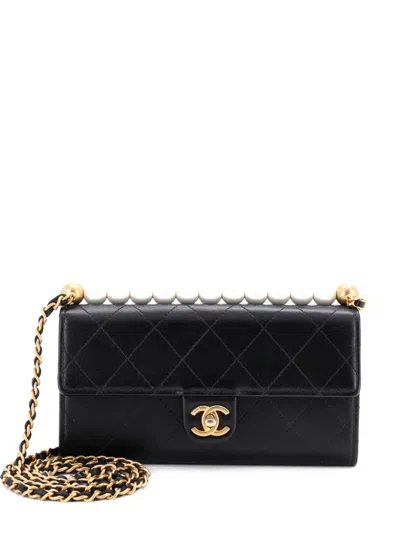 Pre-owned Chanel Chic Pearls Clutch With Chain Quilted Goatskin Crossbody Bag In Black