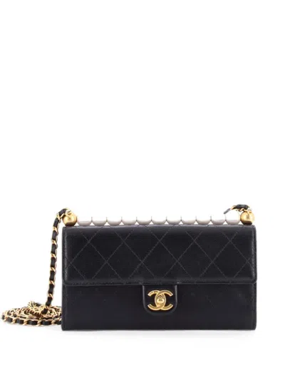 Pre-owned Chanel Chic Pearls Clutch With Chain Quilted Goatskin Crossbody Bag In Black