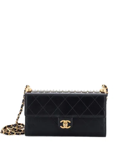 Pre-owned Chanel Chic Pearls Clutch With Chain Quilted Goatskin Crossbody Bag In Black