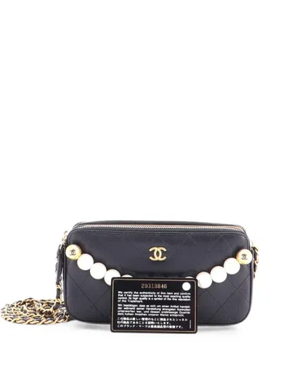 Pre-owned Chanel Chic Pearls Double Zip Clutch With Chain Quilted Lambskin Crossbody Bag In Black