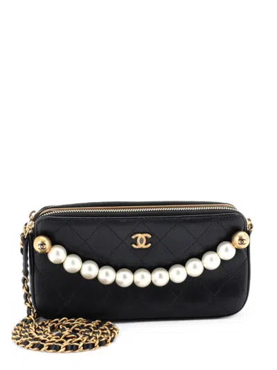 Pre-owned Chanel Chic Pearls Double Zip Clutch With Chain Quilted Lambskin Crossbody Bag In Black