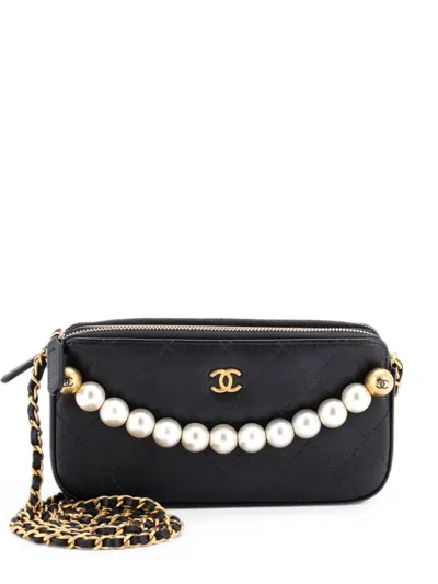 Pre-owned Chanel Chic Pearls Double Zip Clutch With Chain Quilted Lambskin Crossbody Bag In Black