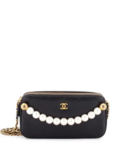Pre-owned Chanel Chic Pearls Double Zip Clutch With Chain Quilted Lambskin Crossbody Bag In Black