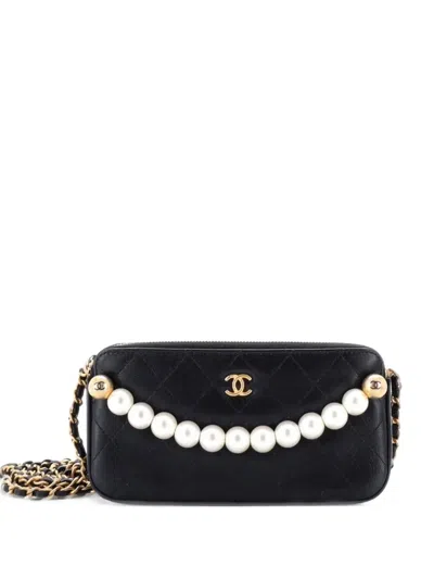 Pre-owned Chanel Chic Pearls Double Zip Clutch With Chain Quilted Lambskin Crossbody Bag In Black