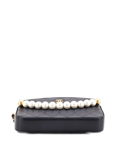 Pre-owned Chanel Chic Pearls Double Zip Clutch With Chain Quilted Lambskin Crossbody Bag In Black